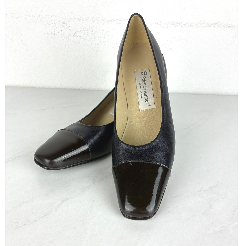 Etienne Aigner Navy Pumps - 8N- Leather Cap Toe Block Heel Strada Classic Office